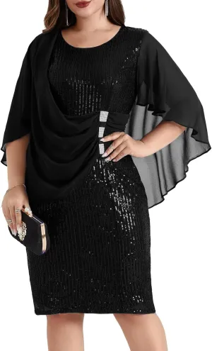 Hanna Nikole 2024 Womens Sequin Party Dress Plus Size Chiffon Cape Sleeve Cocktail Midi Dress