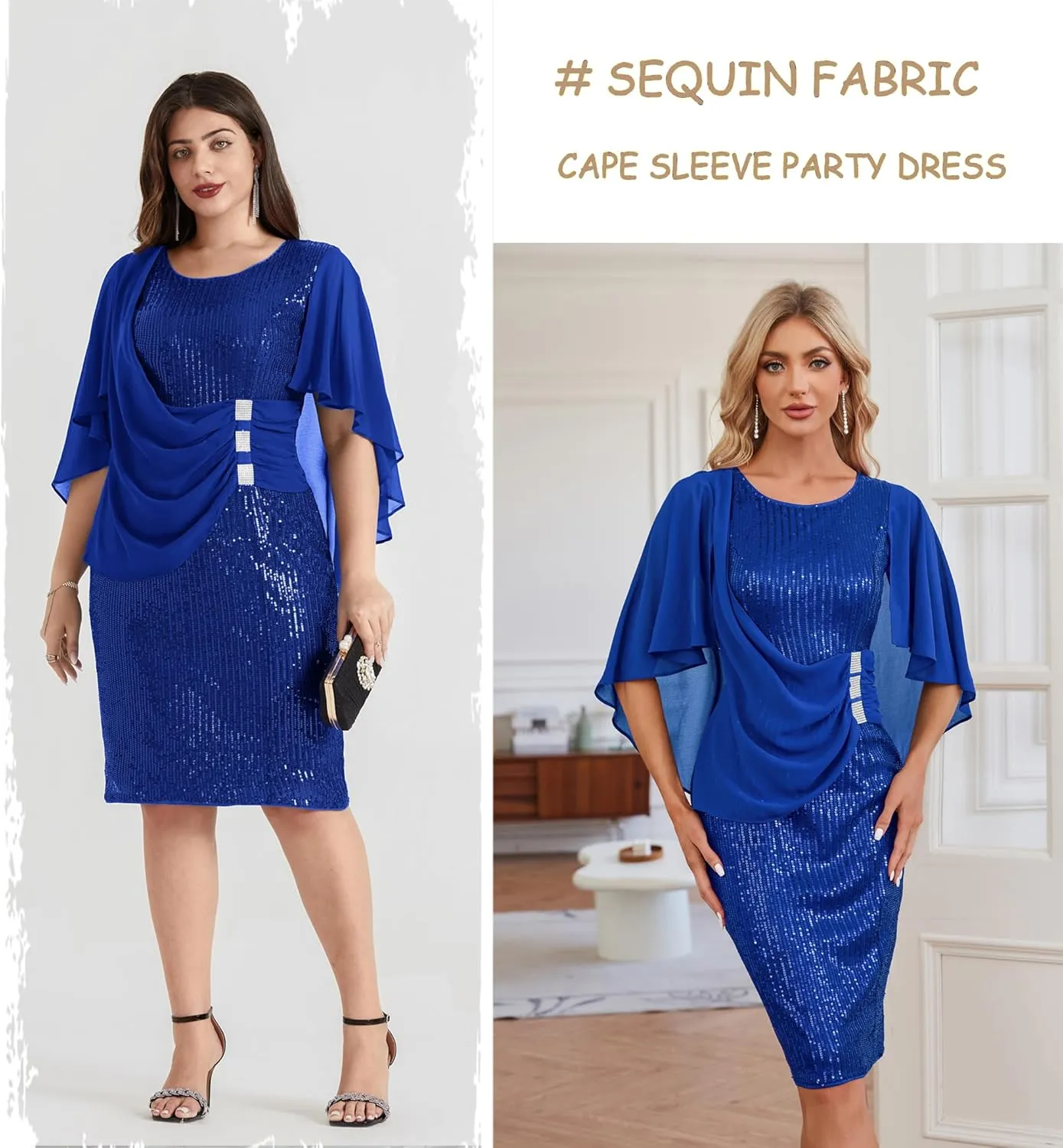 Hanna Nikole 2024 Womens Sequin Party Dress Plus Size Chiffon Cape Sleeve Cocktail Midi Dress