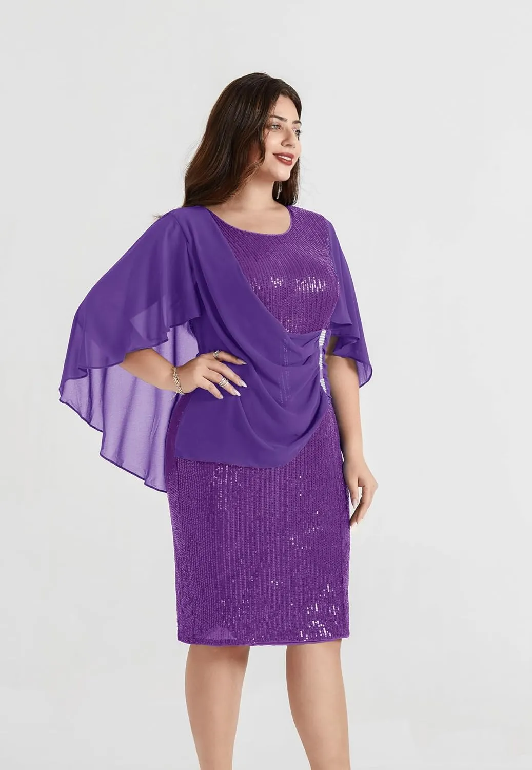 Hanna Nikole 2024 Womens Sequin Party Dress Plus Size Chiffon Cape Sleeve Cocktail Midi Dress