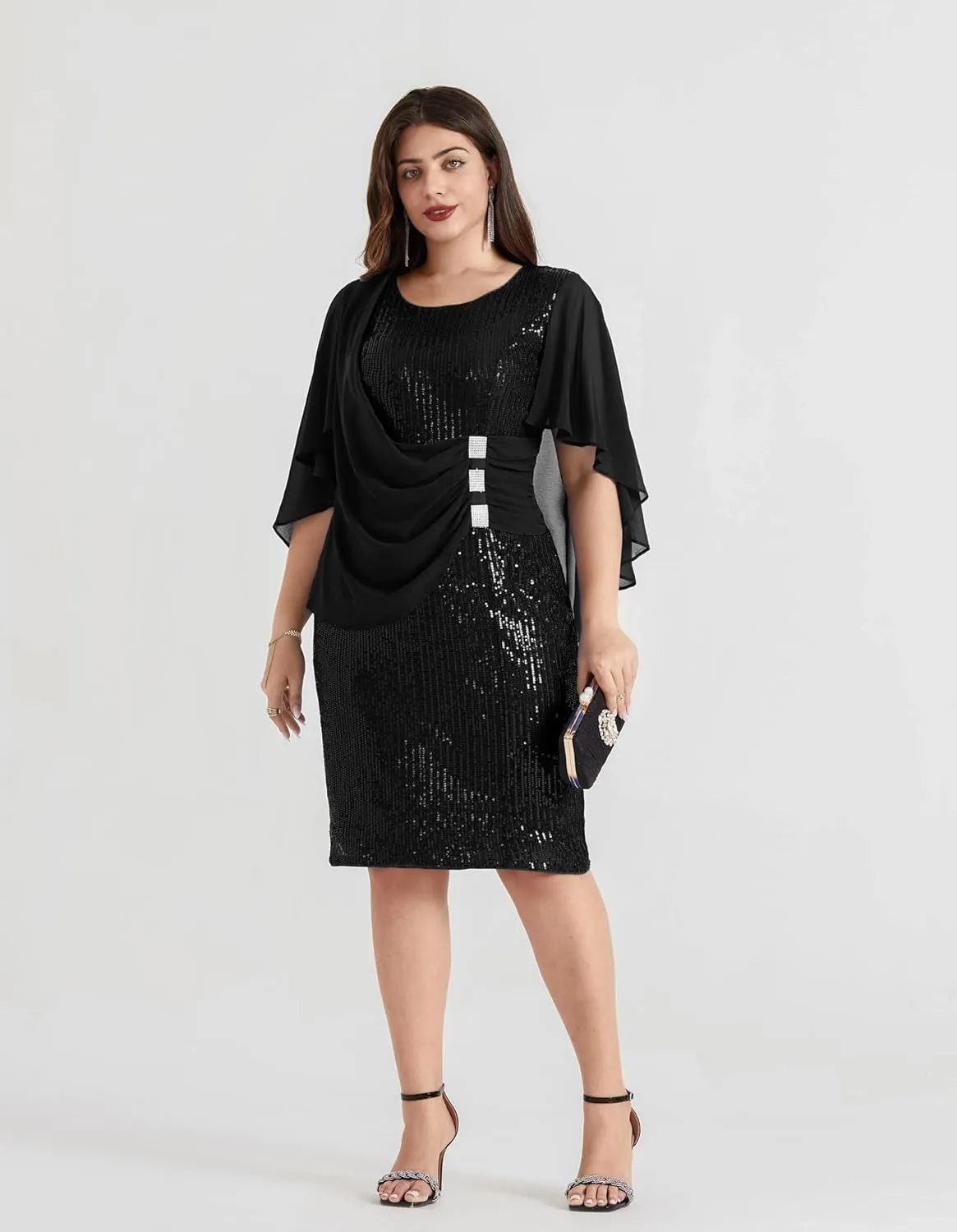 Hanna Nikole 2024 Womens Sequin Party Dress Plus Size Chiffon Cape Sleeve Cocktail Midi Dress