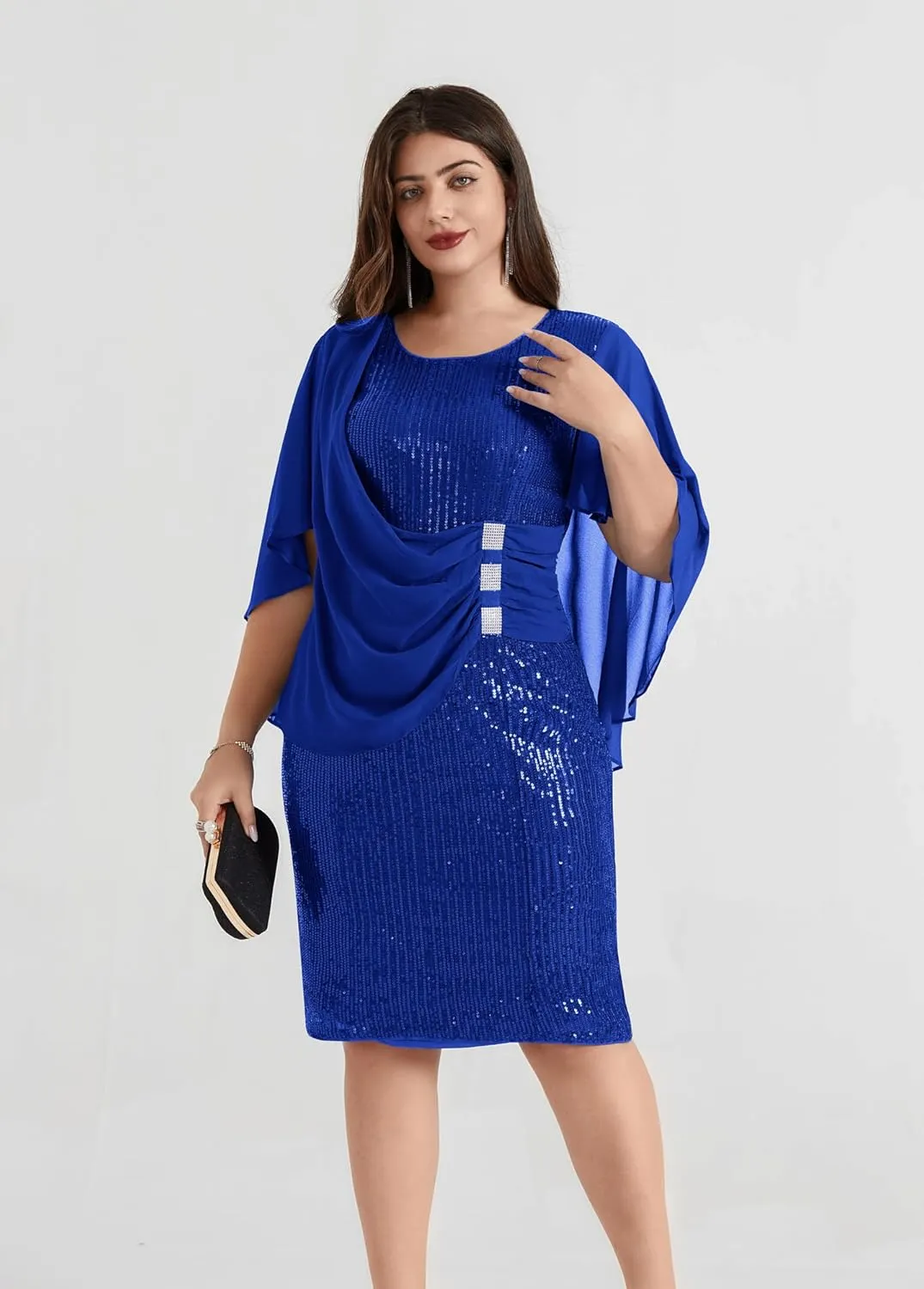 Hanna Nikole 2024 Womens Sequin Party Dress Plus Size Chiffon Cape Sleeve Cocktail Midi Dress