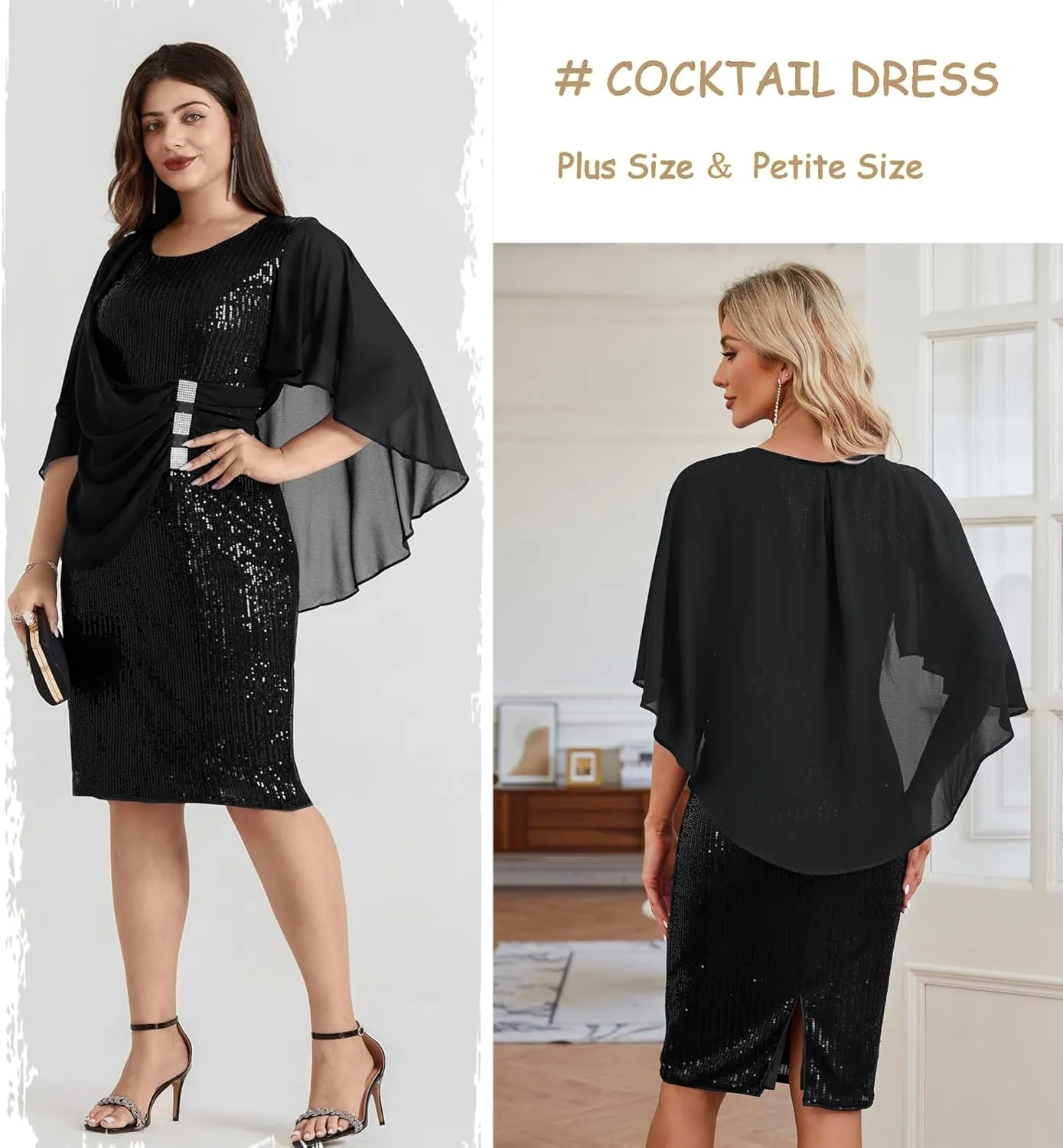 Hanna Nikole 2024 Womens Sequin Party Dress Plus Size Chiffon Cape Sleeve Cocktail Midi Dress