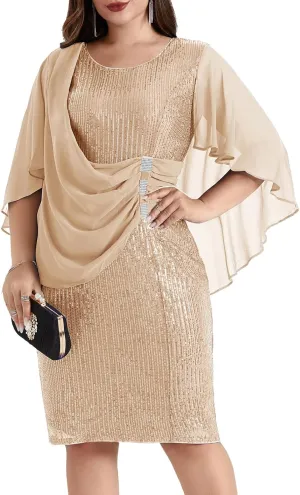 Hanna Nikole 2024 Womens Sequin Party Dress Plus Size Chiffon Cape Sleeve Cocktail Midi Dress