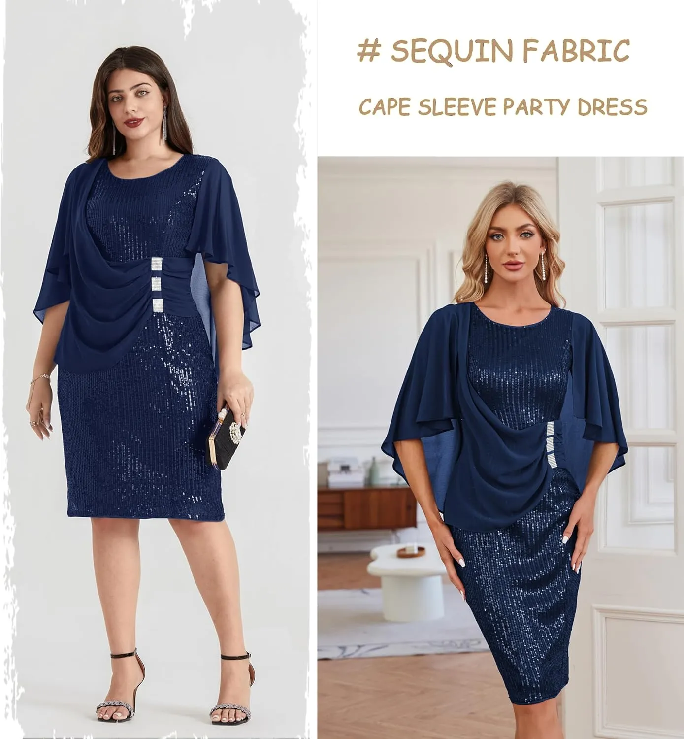 Hanna Nikole 2024 Womens Sequin Party Dress Plus Size Chiffon Cape Sleeve Cocktail Midi Dress