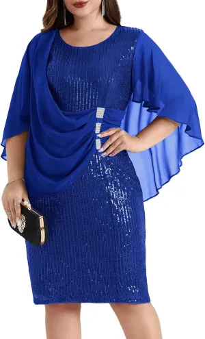 Hanna Nikole 2024 Womens Sequin Party Dress Plus Size Chiffon Cape Sleeve Cocktail Midi Dress