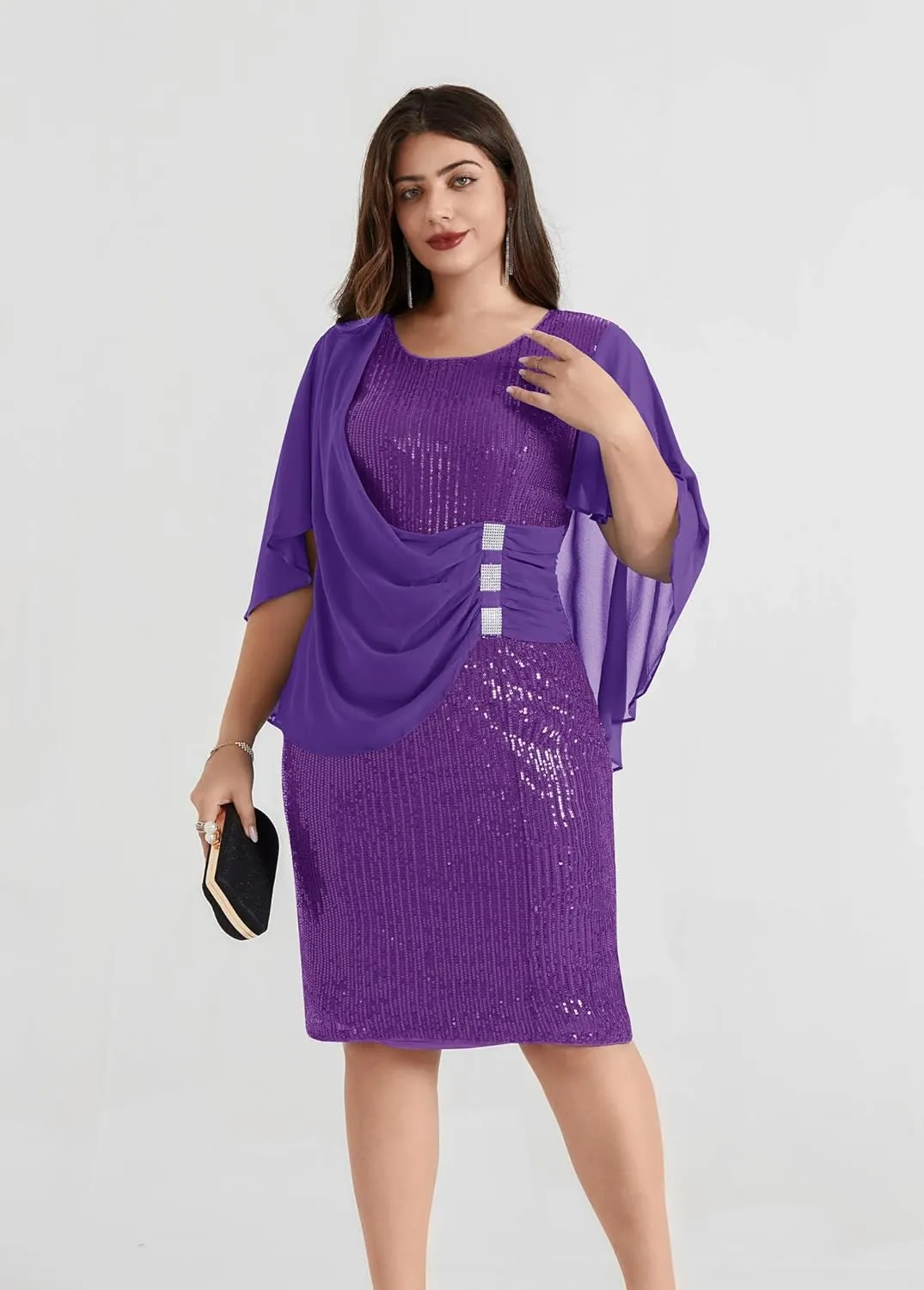 Hanna Nikole 2024 Womens Sequin Party Dress Plus Size Chiffon Cape Sleeve Cocktail Midi Dress