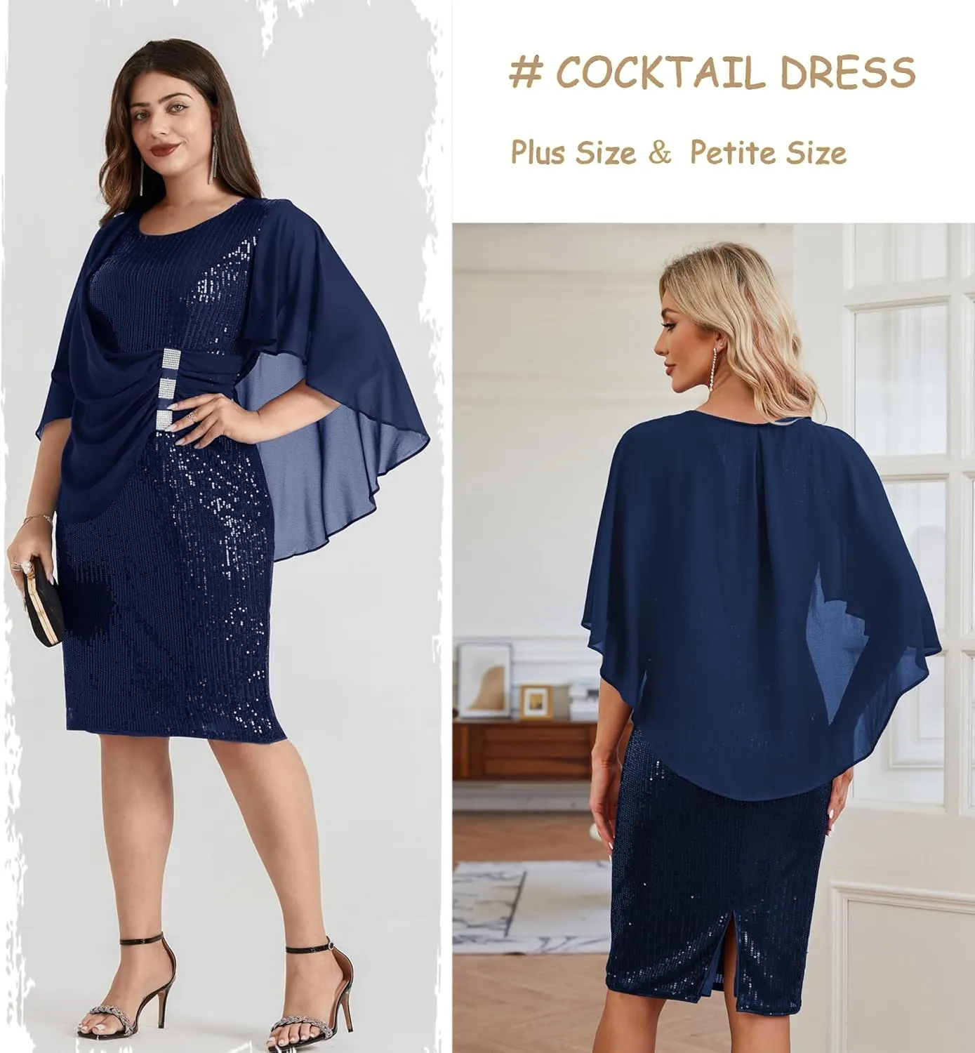 Hanna Nikole 2024 Womens Sequin Party Dress Plus Size Chiffon Cape Sleeve Cocktail Midi Dress