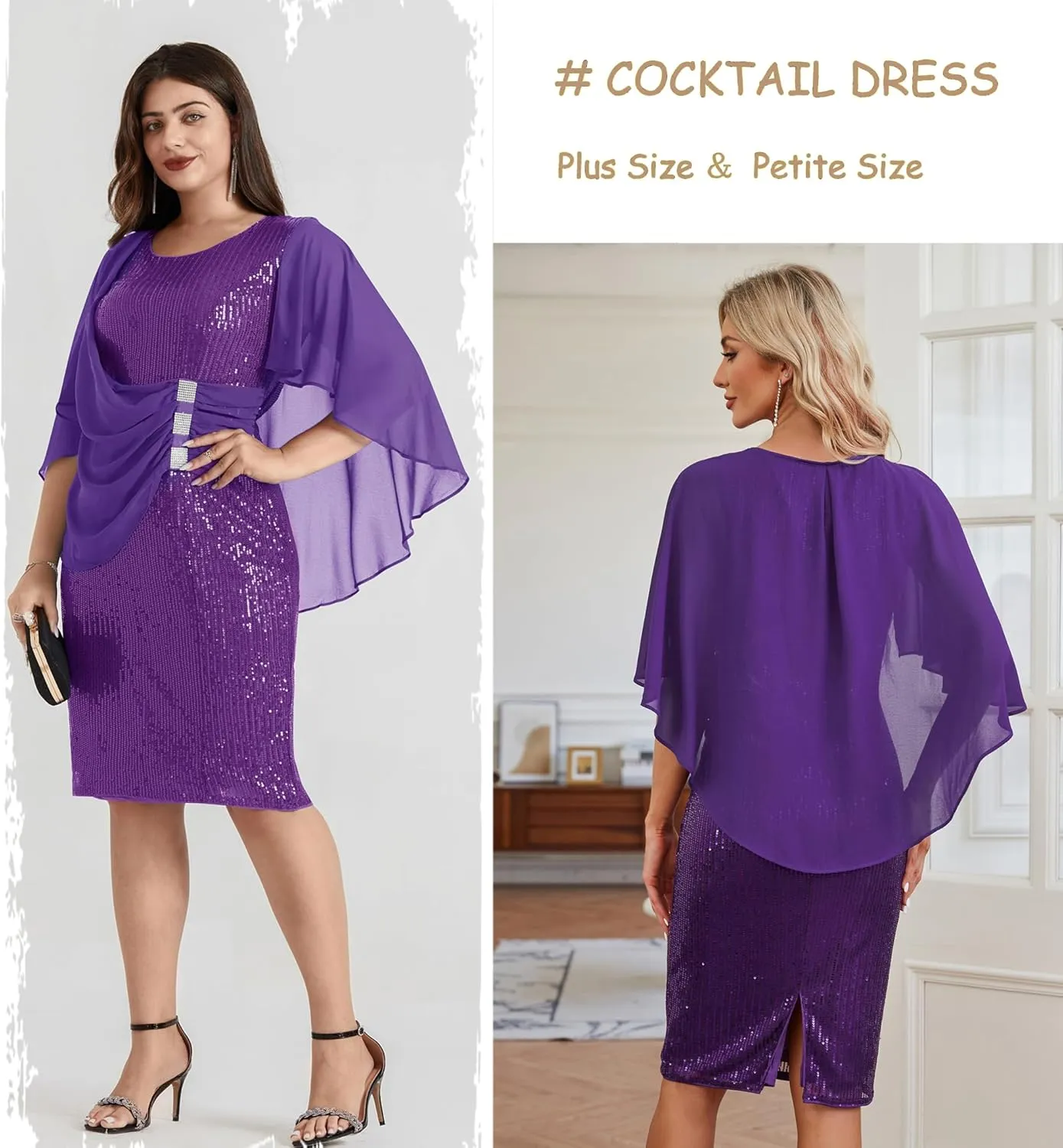 Hanna Nikole 2024 Womens Sequin Party Dress Plus Size Chiffon Cape Sleeve Cocktail Midi Dress