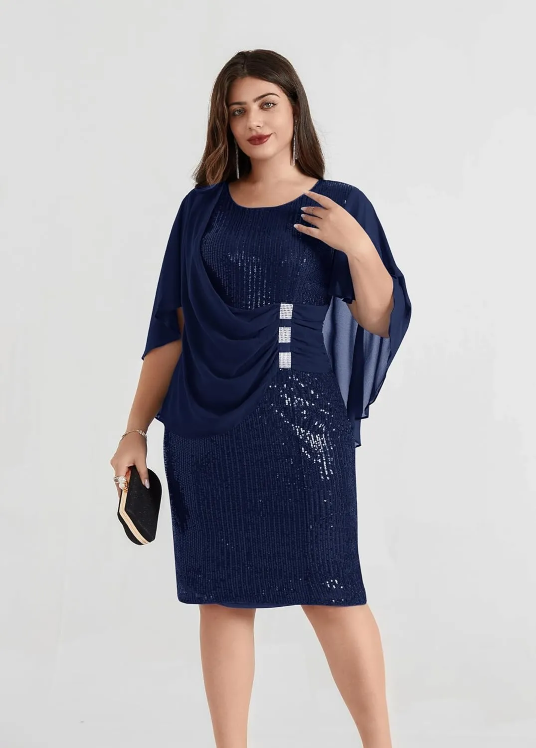 Hanna Nikole 2024 Womens Sequin Party Dress Plus Size Chiffon Cape Sleeve Cocktail Midi Dress