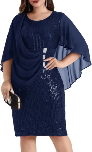Hanna Nikole 2024 Womens Sequin Party Dress Plus Size Chiffon Cape Sleeve Cocktail Midi Dress