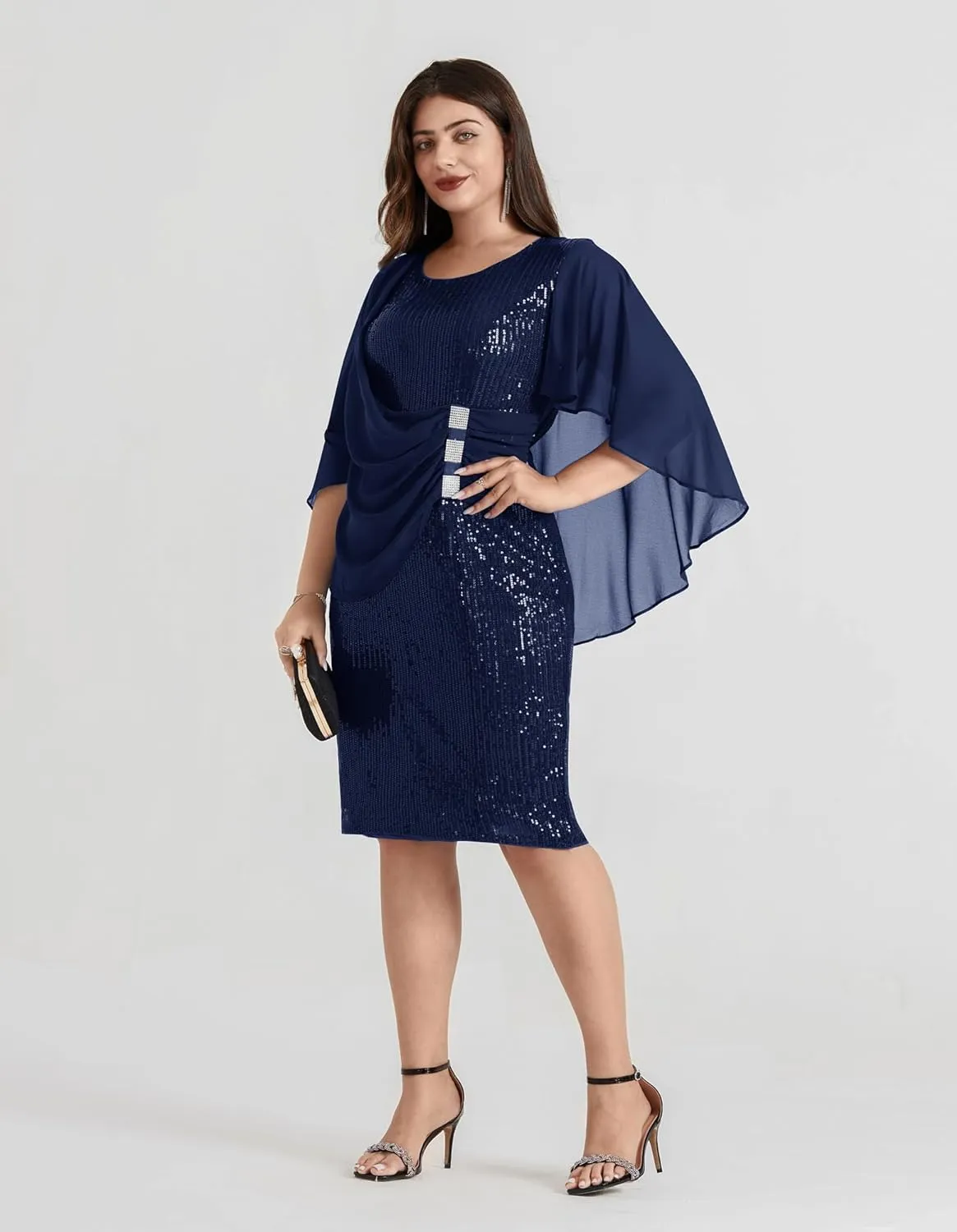 Hanna Nikole 2024 Womens Sequin Party Dress Plus Size Chiffon Cape Sleeve Cocktail Midi Dress