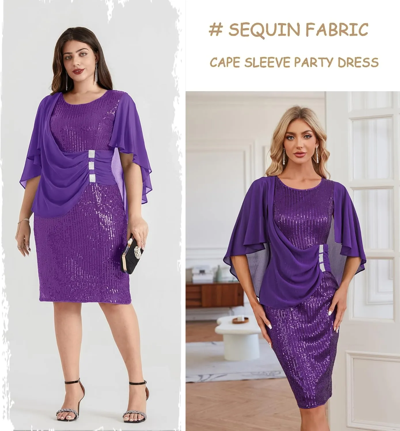 Hanna Nikole 2024 Womens Sequin Party Dress Plus Size Chiffon Cape Sleeve Cocktail Midi Dress