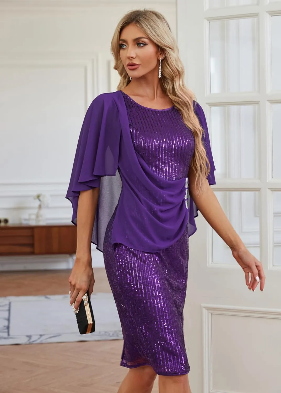 Hanna Nikole 2024 Womens Sequin Party Dress Plus Size Chiffon Cape Sleeve Cocktail Midi Dress