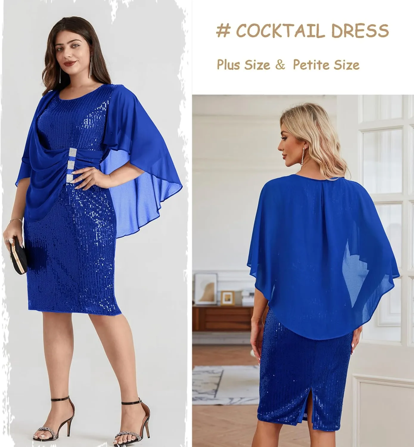 Hanna Nikole 2024 Womens Sequin Party Dress Plus Size Chiffon Cape Sleeve Cocktail Midi Dress