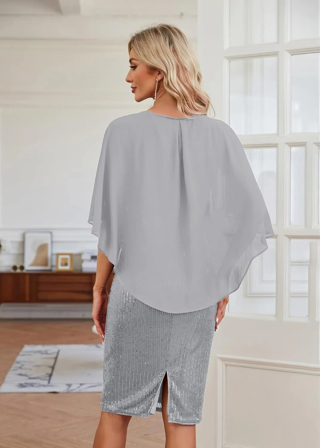 Hanna Nikole 2024 Womens Sequin Party Dress Plus Size Chiffon Cape Sleeve Cocktail Midi Dress