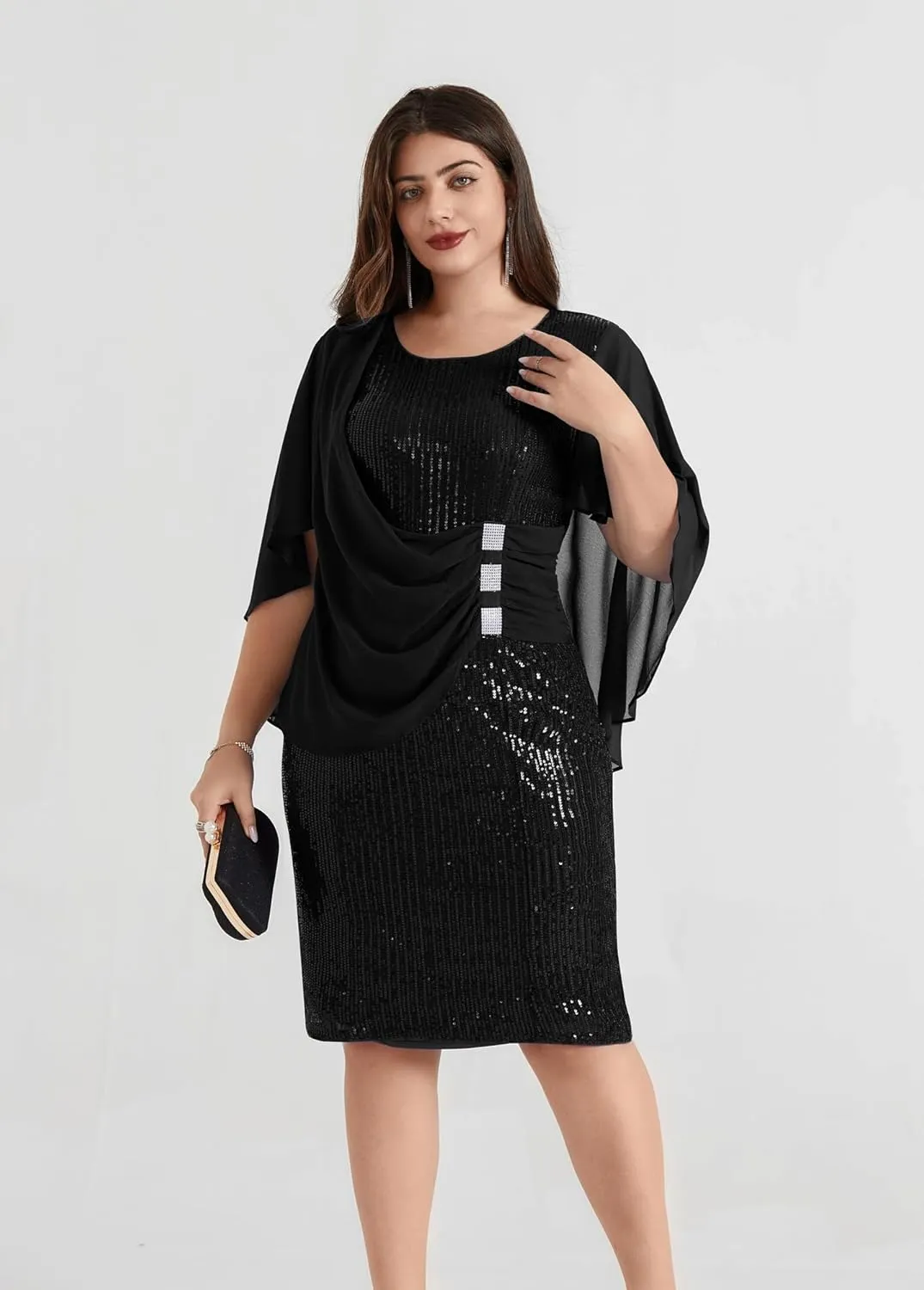 Hanna Nikole 2024 Womens Sequin Party Dress Plus Size Chiffon Cape Sleeve Cocktail Midi Dress
