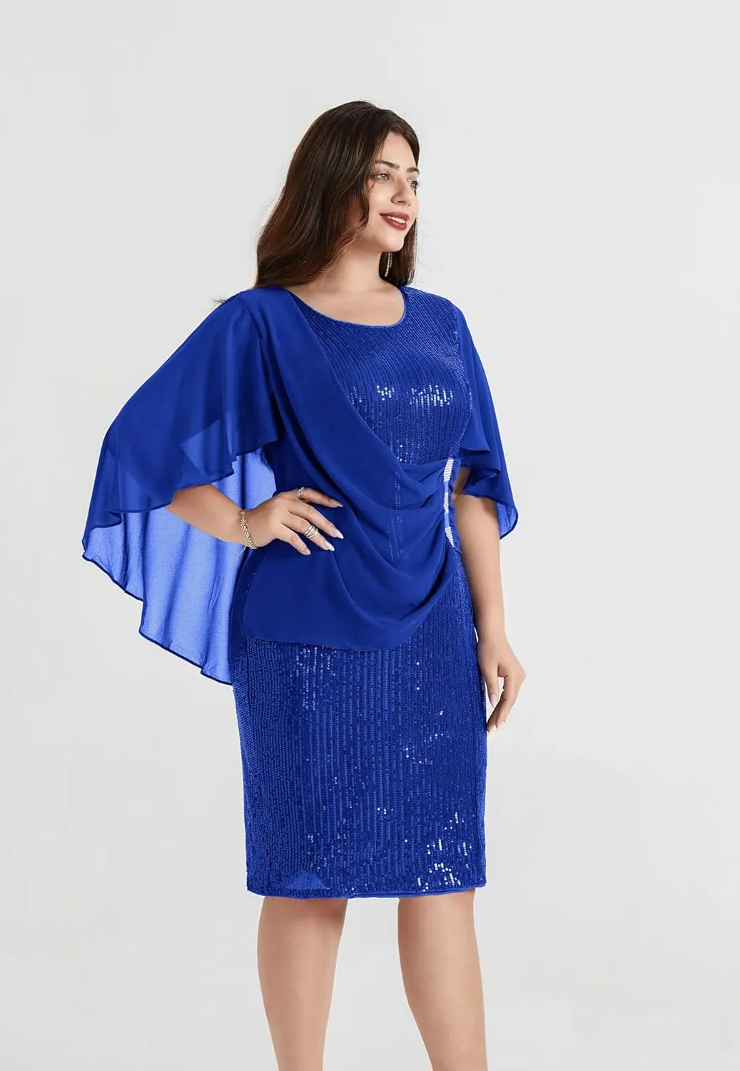 Hanna Nikole 2024 Womens Sequin Party Dress Plus Size Chiffon Cape Sleeve Cocktail Midi Dress