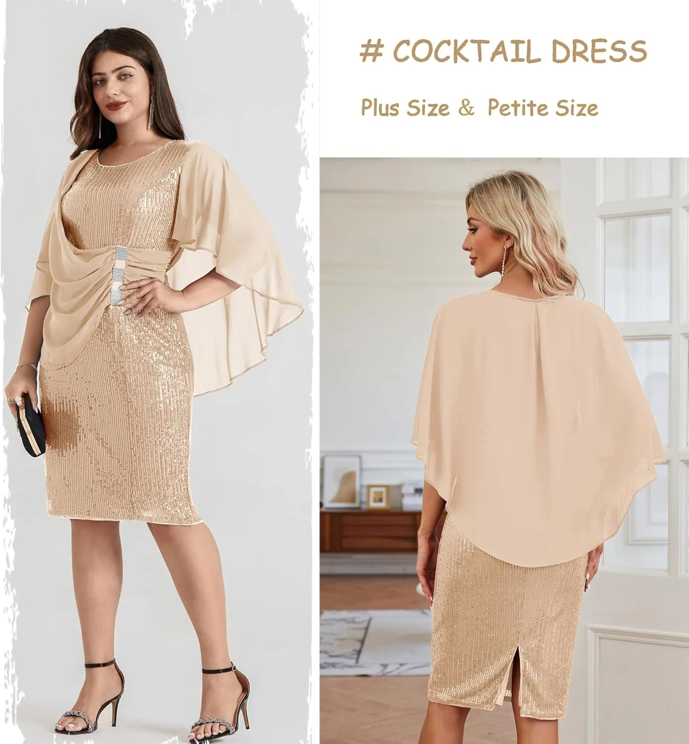Hanna Nikole 2024 Womens Sequin Party Dress Plus Size Chiffon Cape Sleeve Cocktail Midi Dress