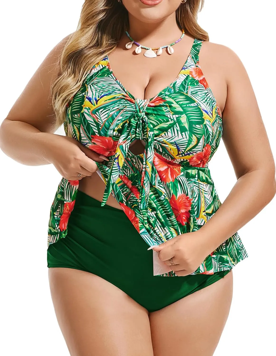 Hanna Nikole Women Plus Size 2 Piece V Neck Tie Tankini Swimsuit with Tummy Control Bikini Bottoms Bathing Suits