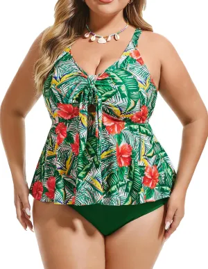 Hanna Nikole Women Plus Size 2 Piece V Neck Tie Tankini Swimsuit with Tummy Control Bikini Bottoms Bathing Suits