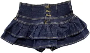 High-Waisted Single-Breasted Ruffled Cake Denim Miniskirt
