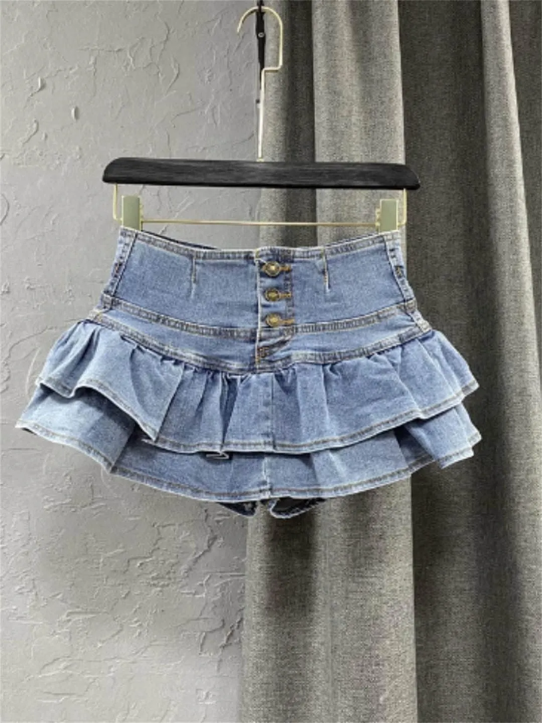 High-Waisted Single-Breasted Ruffled Cake Denim Miniskirt