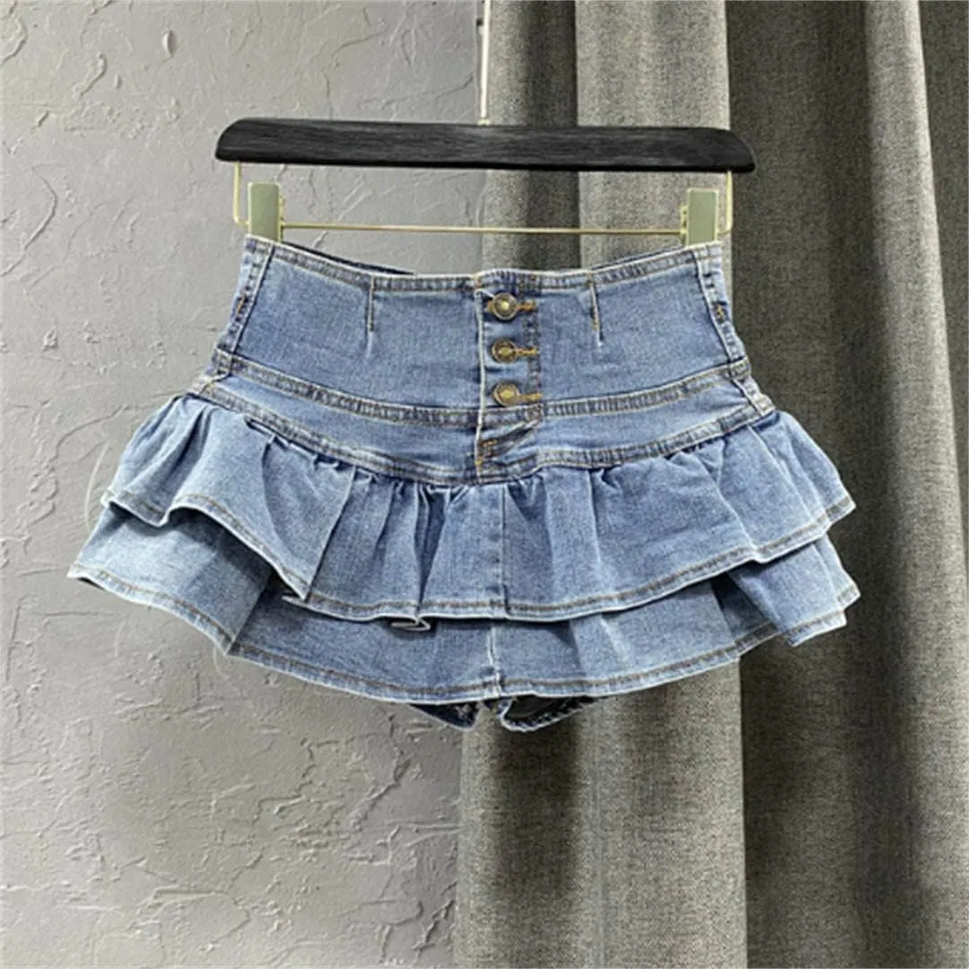 High-Waisted Single-Breasted Ruffled Cake Denim Miniskirt