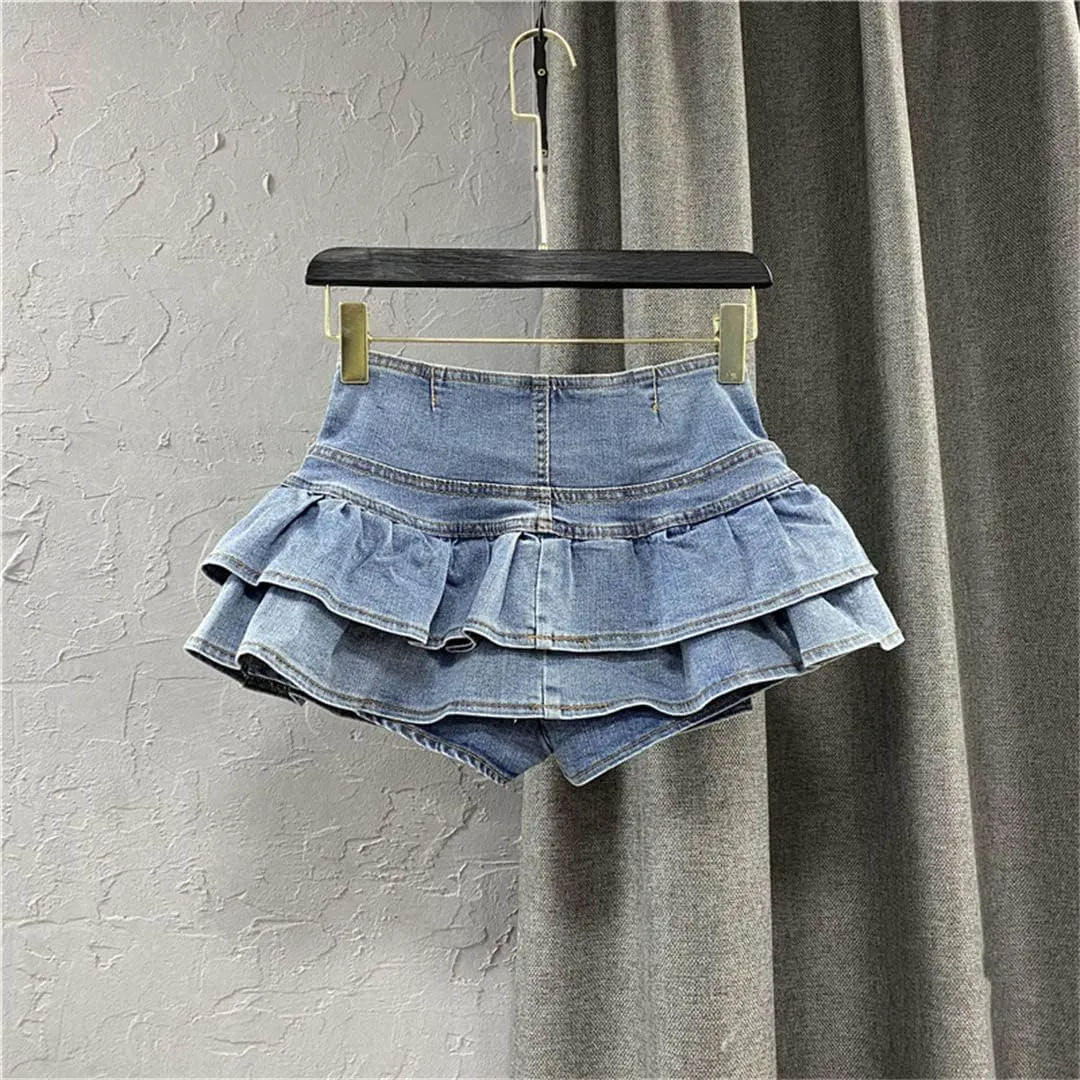 High-Waisted Single-Breasted Ruffled Cake Denim Miniskirt