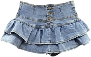 High-Waisted Single-Breasted Ruffled Cake Denim Miniskirt