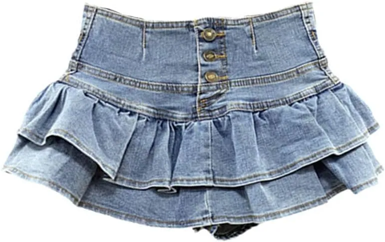 High-Waisted Single-Breasted Ruffled Cake Denim Miniskirt