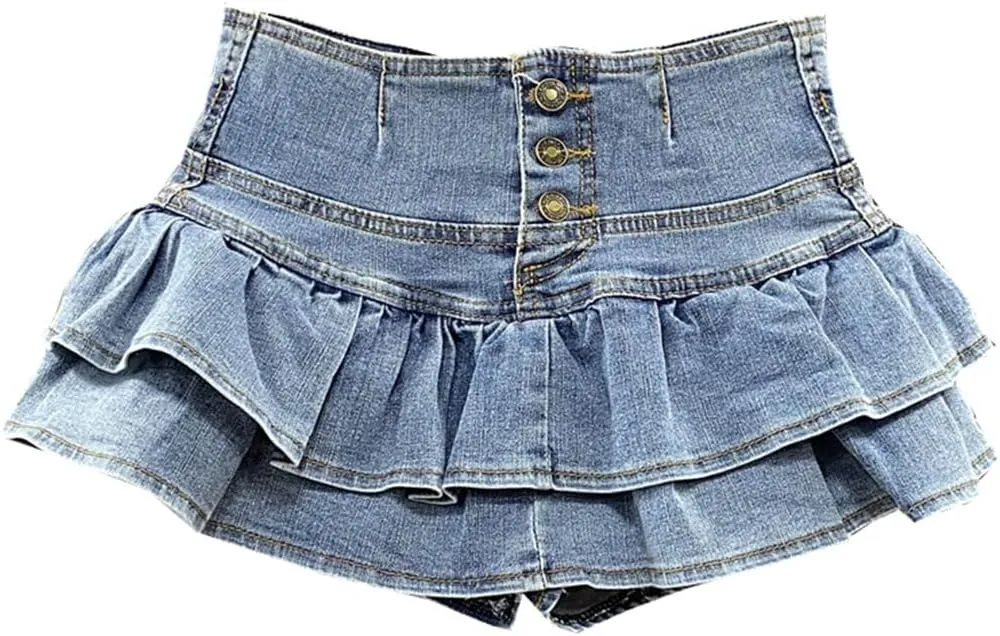 High-Waisted Single-Breasted Ruffled Cake Denim Miniskirt