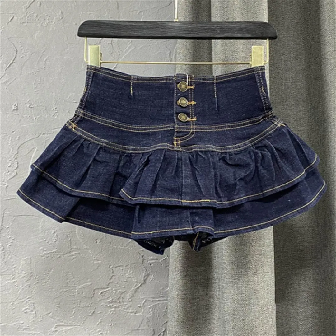 High-Waisted Single-Breasted Ruffled Cake Denim Miniskirt