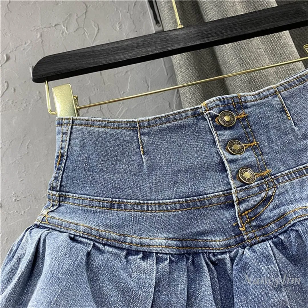 High-Waisted Single-Breasted Ruffled Cake Denim Miniskirt