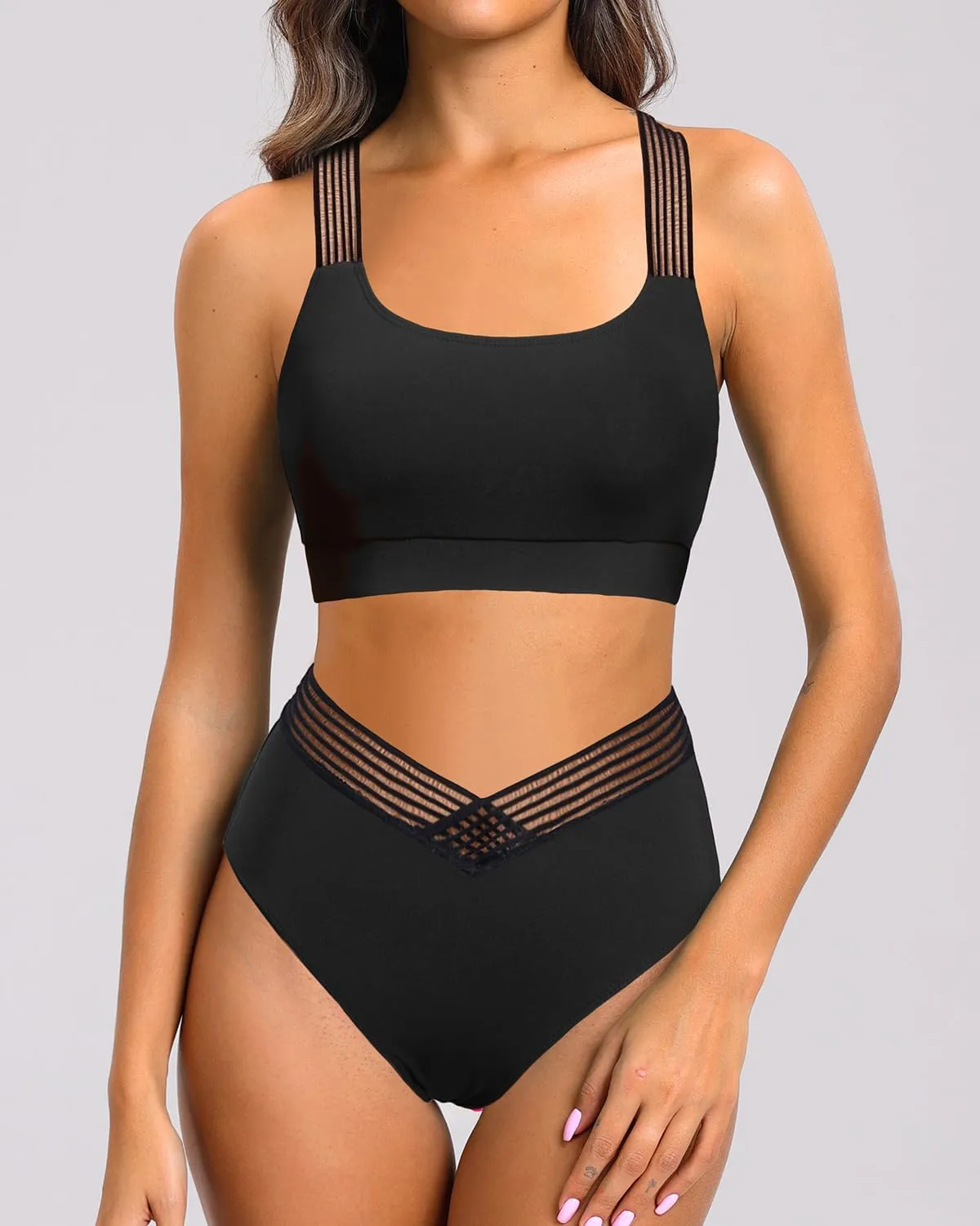 Holipick High Waisted Bikini Sets for Women Tummy Control Two Piece Swimsuit Mesh Sport Bathing Suit with Bottom