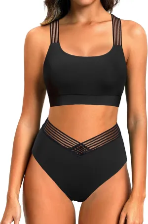 Holipick High Waisted Bikini Sets for Women Tummy Control Two Piece Swimsuit Mesh Sport Bathing Suit with Bottom