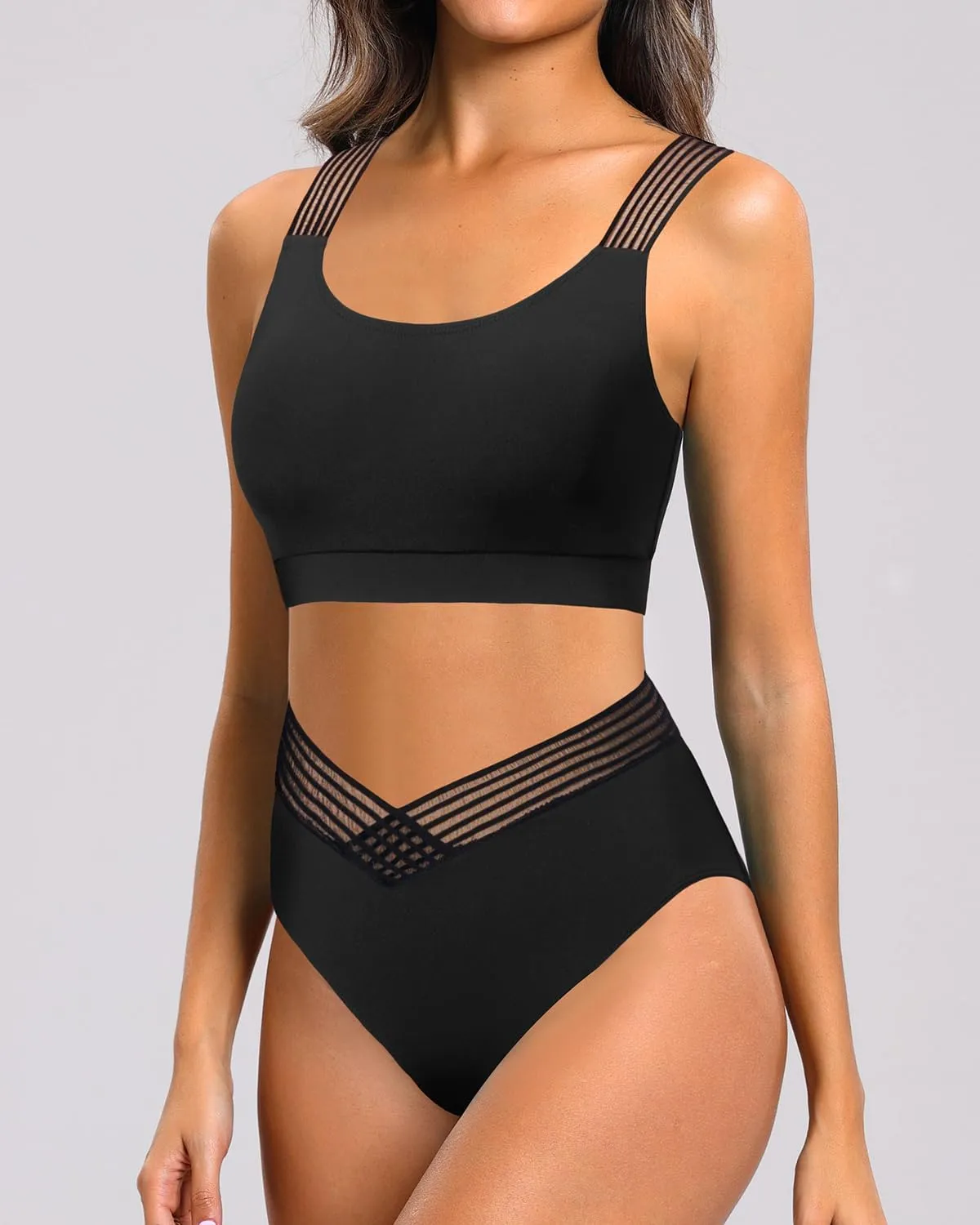 Holipick High Waisted Bikini Sets for Women Tummy Control Two Piece Swimsuit Mesh Sport Bathing Suit with Bottom