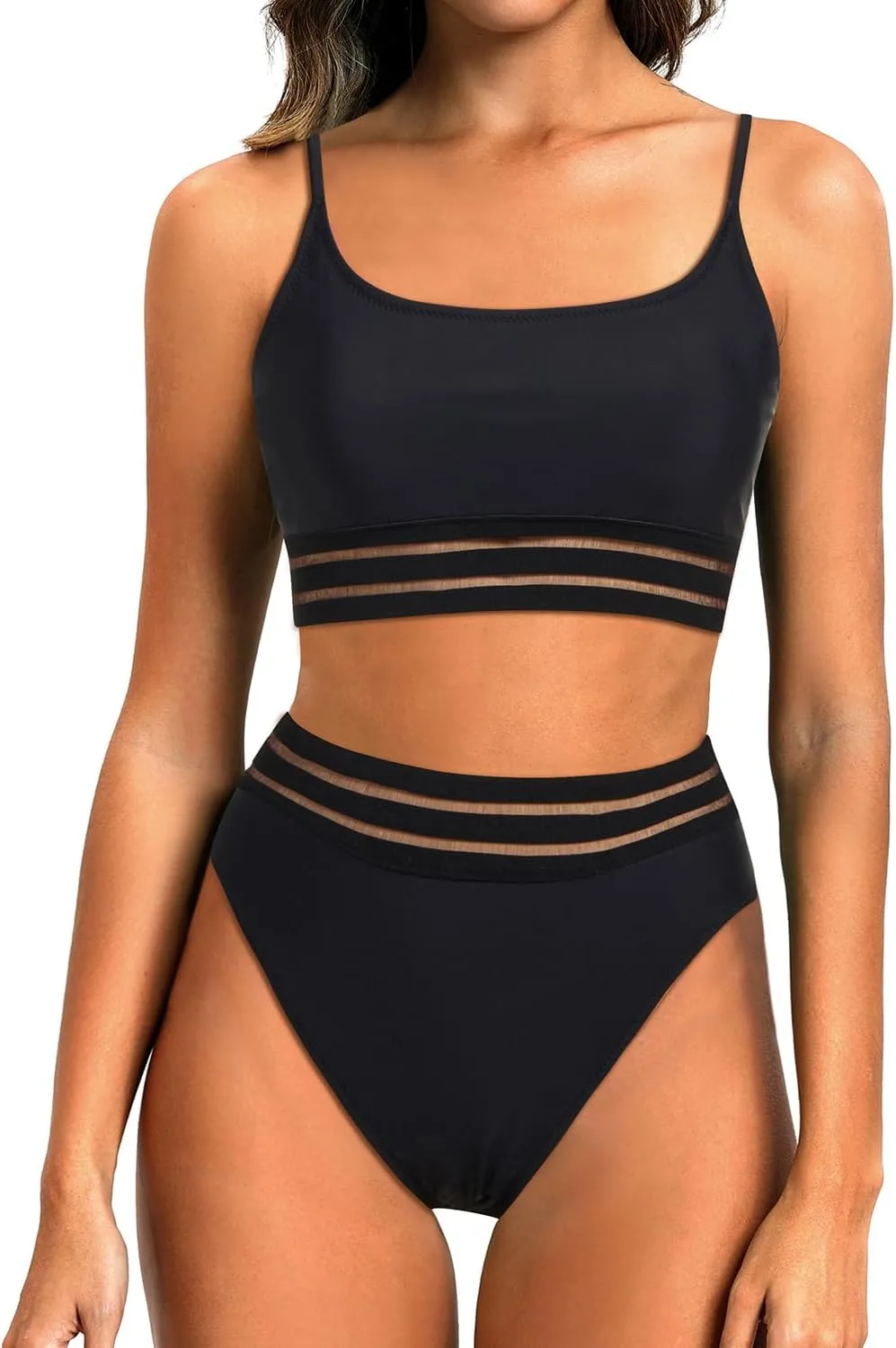 Holipick High Waisted Bikini Sets for Women Tummy Control Two Piece Swimsuit Mesh Sport Bathing Suit with Bottom