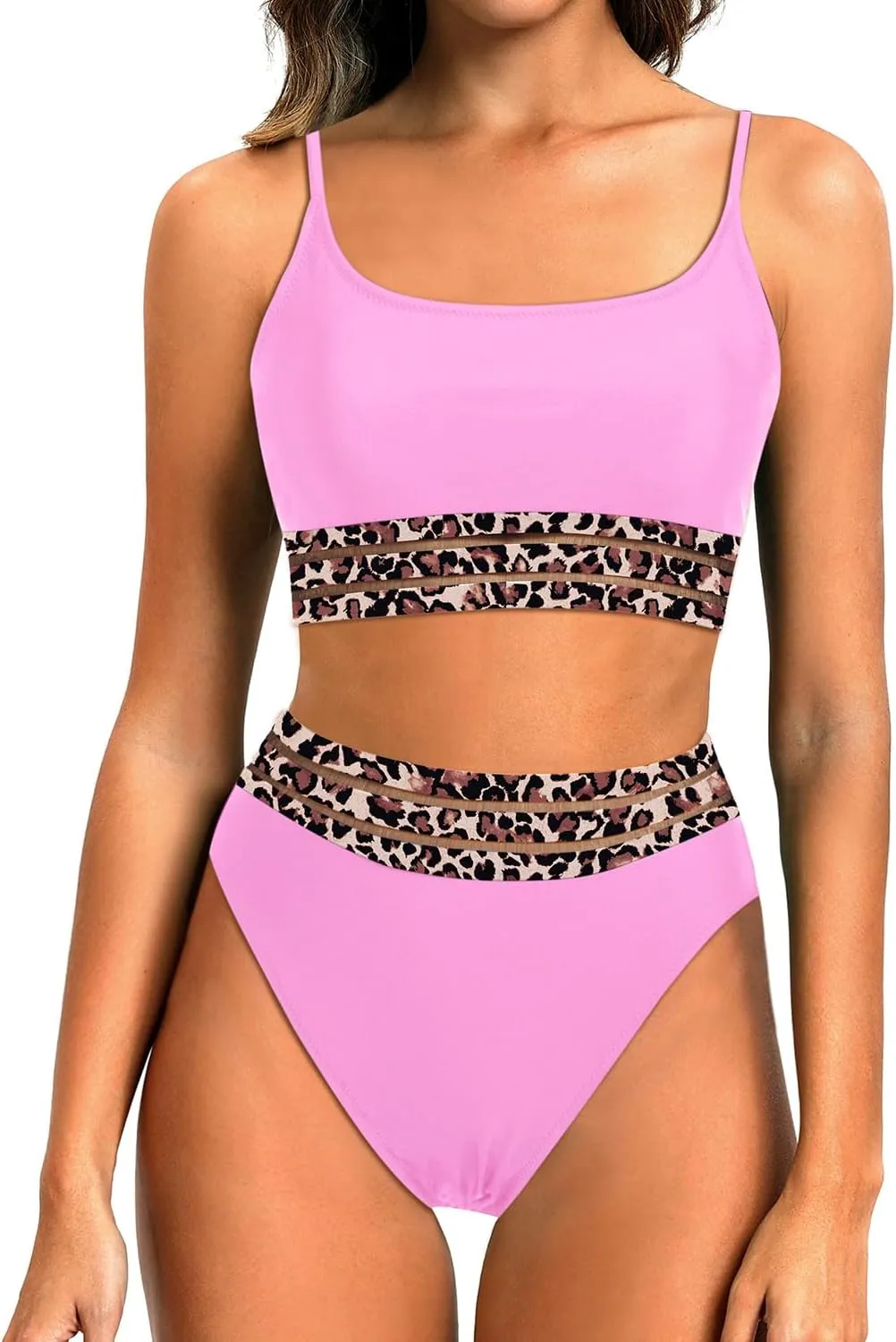 Holipick High Waisted Bikini Sets for Women Tummy Control Two Piece Swimsuit Mesh Sport Bathing Suit with Bottom
