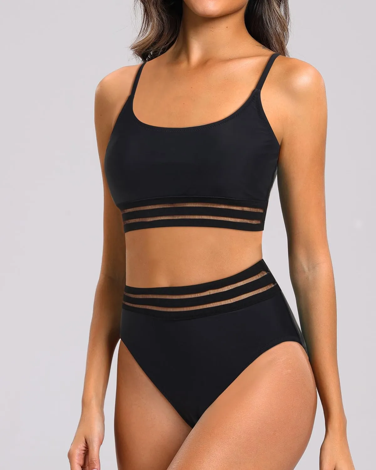 Holipick High Waisted Bikini Sets for Women Tummy Control Two Piece Swimsuit Mesh Sport Bathing Suit with Bottom