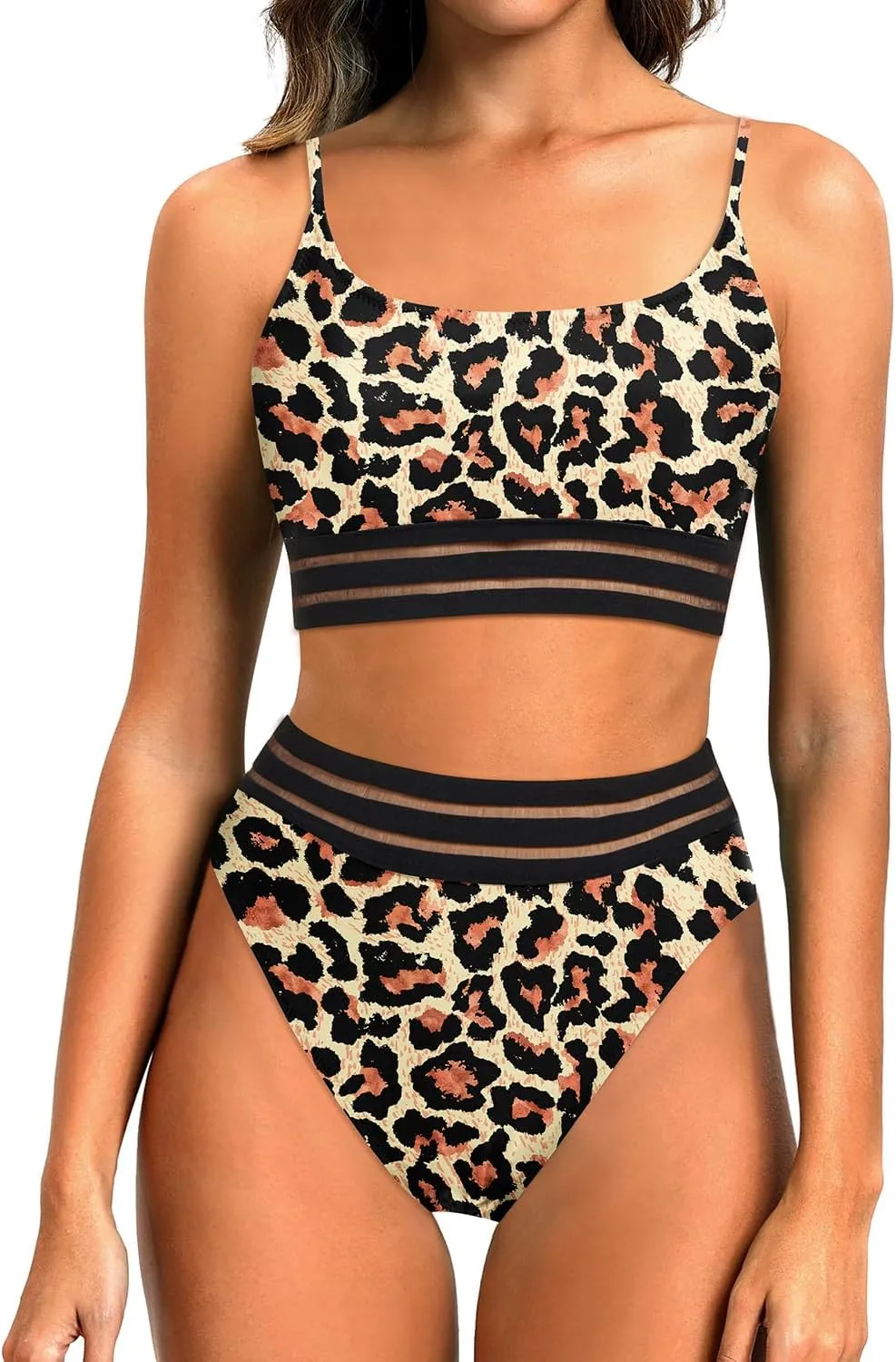 Holipick High Waisted Bikini Sets for Women Tummy Control Two Piece Swimsuit Mesh Sport Bathing Suit with Bottom