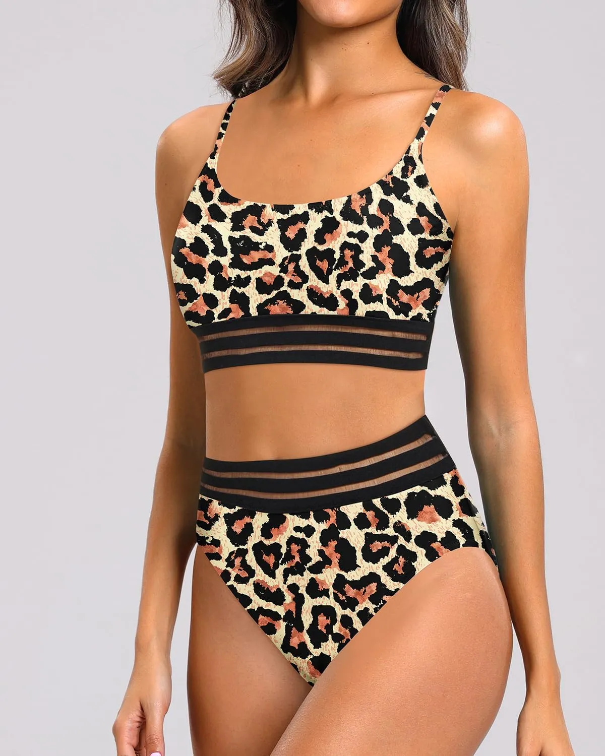 Holipick High Waisted Bikini Sets for Women Tummy Control Two Piece Swimsuit Mesh Sport Bathing Suit with Bottom