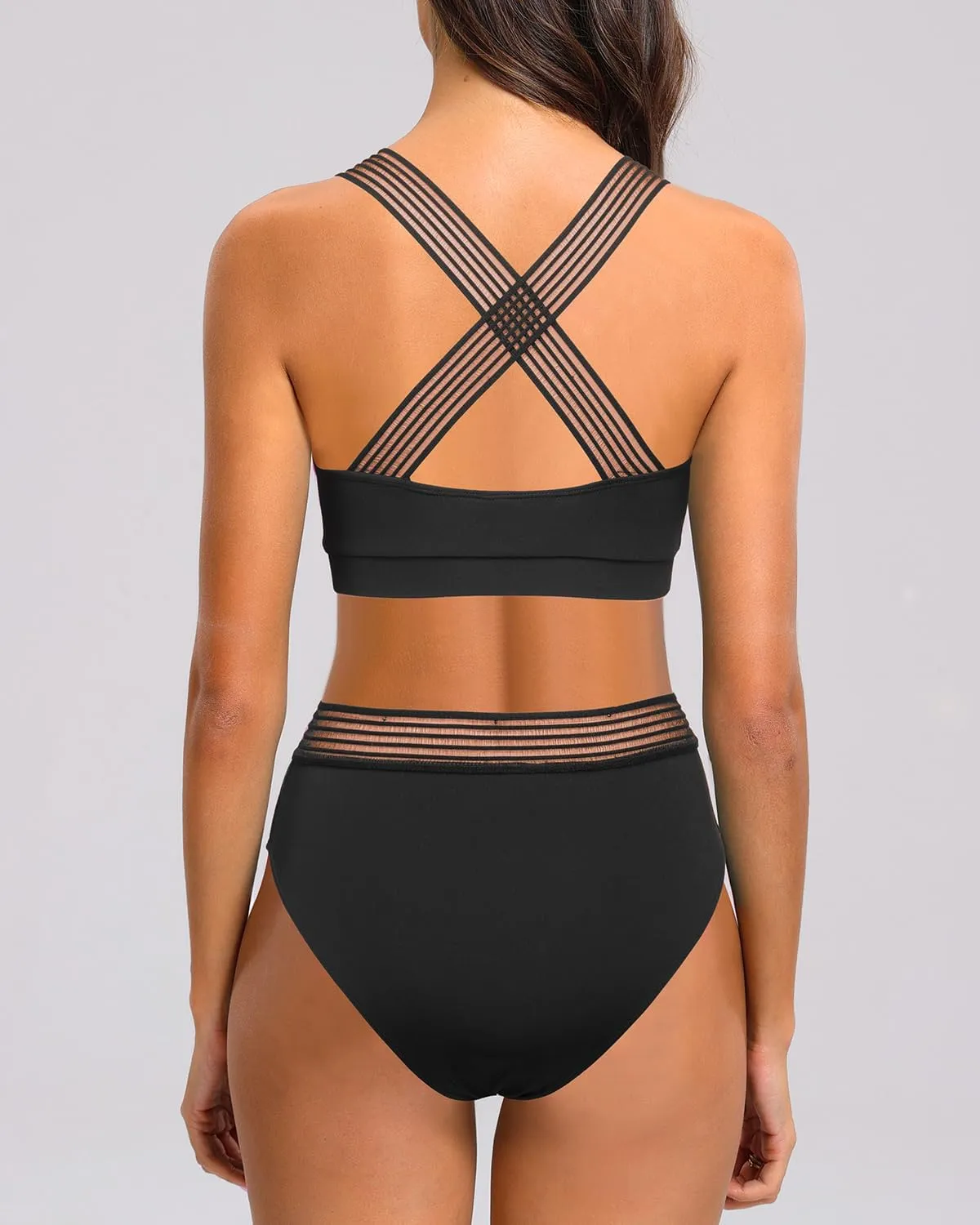 Holipick High Waisted Bikini Sets for Women Tummy Control Two Piece Swimsuit Mesh Sport Bathing Suit with Bottom