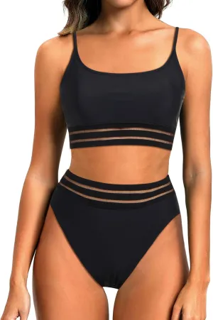 Holipick High Waisted Bikini Sets for Women Tummy Control Two Piece Swimsuit Mesh Sport Bathing Suit with Bottom