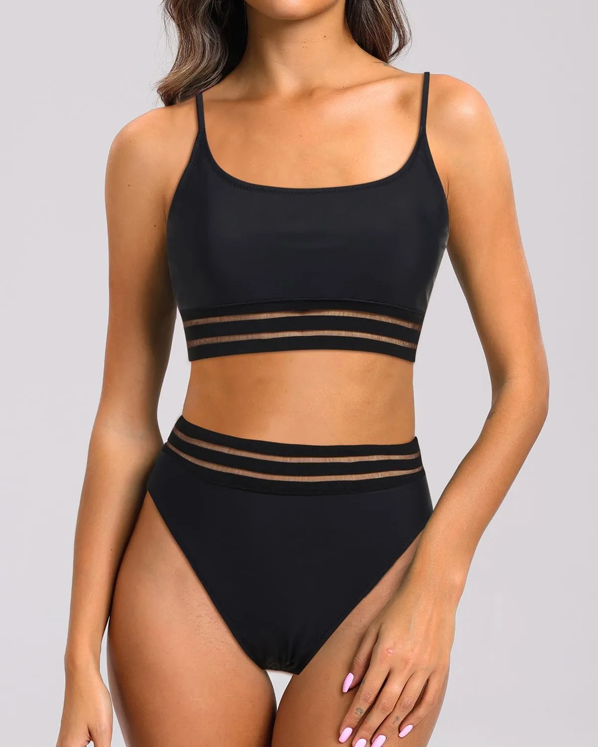 Holipick High Waisted Bikini Sets for Women Tummy Control Two Piece Swimsuit Mesh Sport Bathing Suit with Bottom