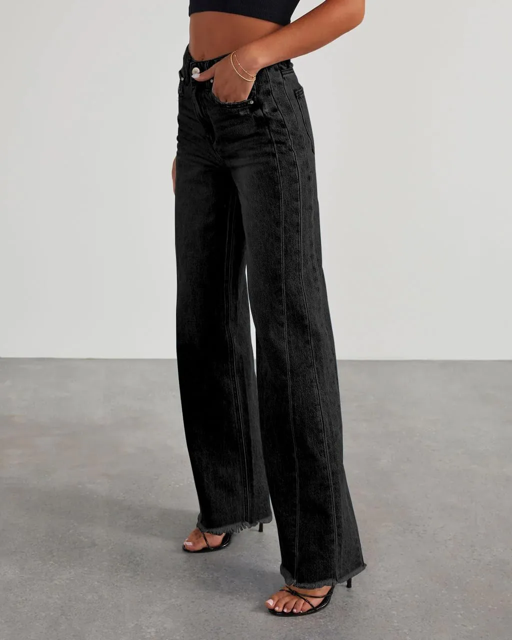 HTD Women's Wide Leg Jeans Casual Baggy Denim Pants with Frayed Raw Hem