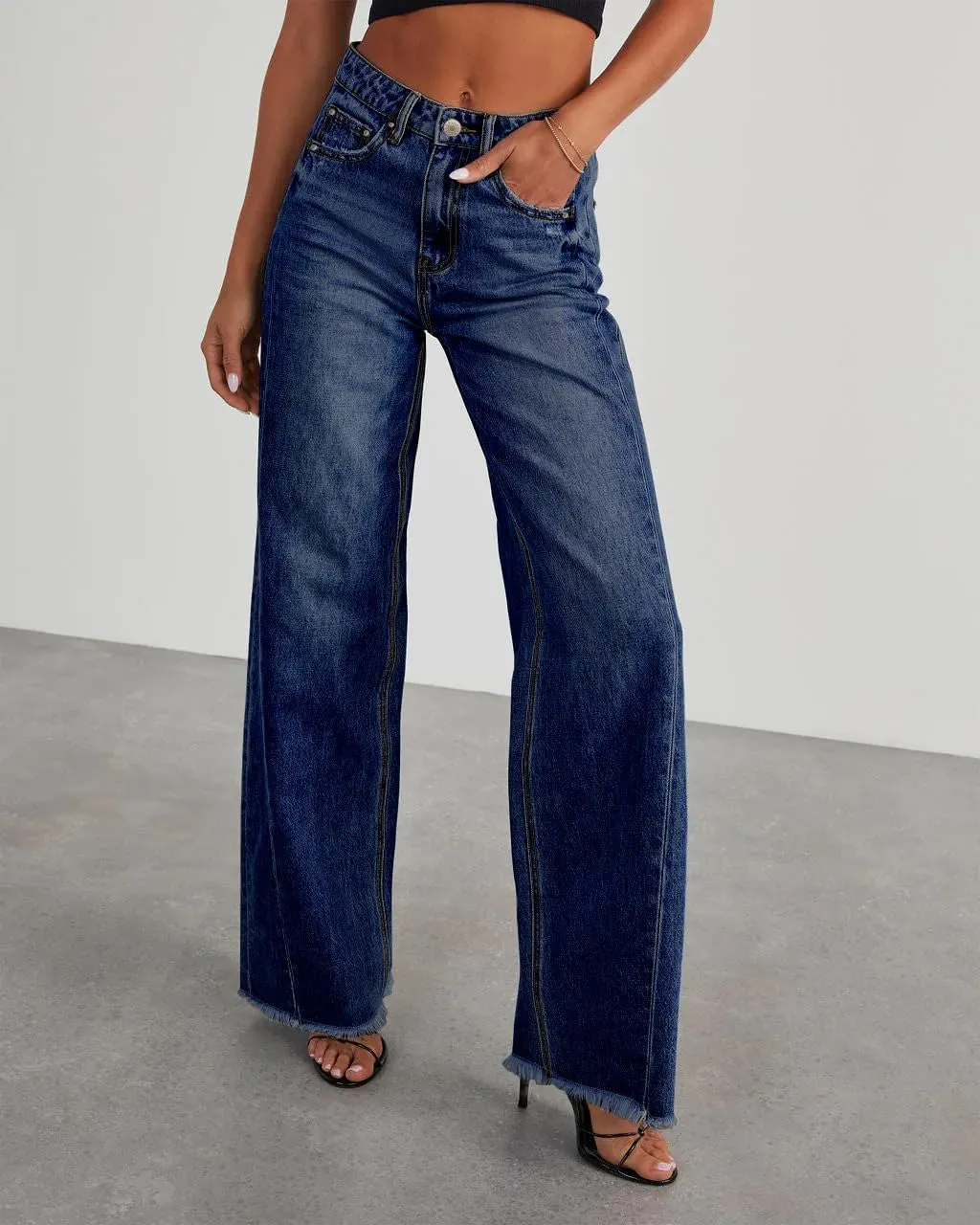HTD Women's Wide Leg Jeans Casual Baggy Denim Pants with Frayed Raw Hem