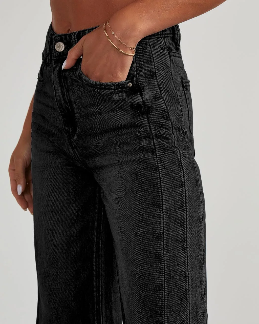 HTD Women's Wide Leg Jeans Casual Baggy Denim Pants with Frayed Raw Hem