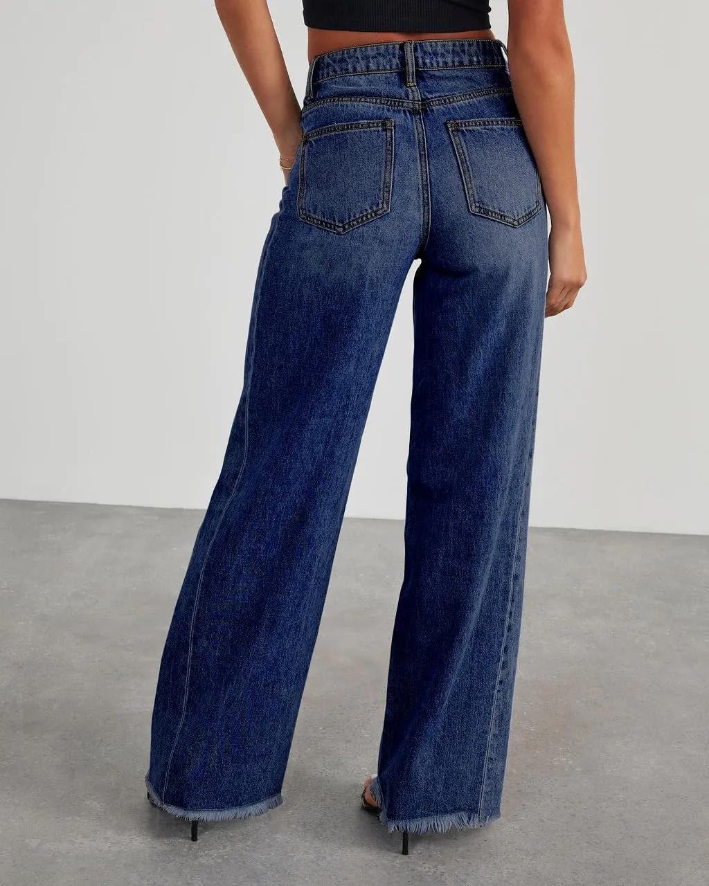 HTD Women's Wide Leg Jeans Casual Baggy Denim Pants with Frayed Raw Hem