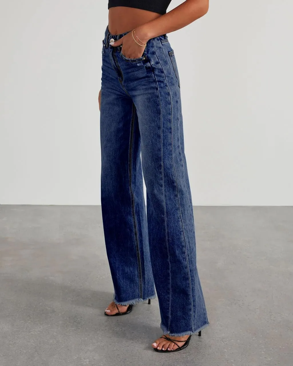 HTD Women's Wide Leg Jeans Casual Baggy Denim Pants with Frayed Raw Hem