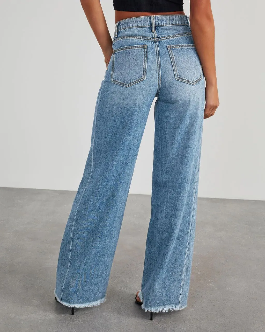 HTD Women's Wide Leg Jeans Casual Baggy Denim Pants with Frayed Raw Hem